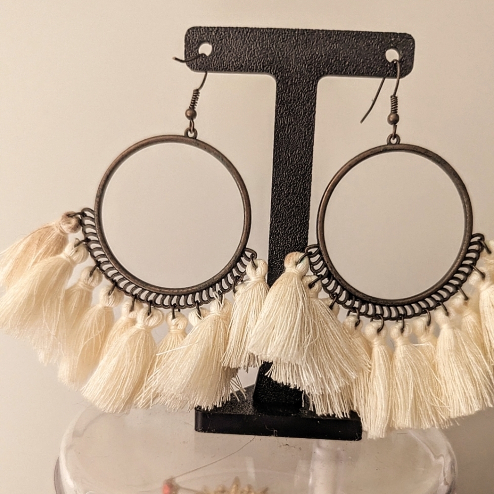 Elegant Cream Tassel Hoop Earrings